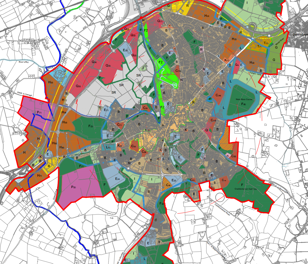 Naas Local Area Plan 2021-2027 zoning map, showing the two magenta P (Data Centre) zones on the western edge of town.
