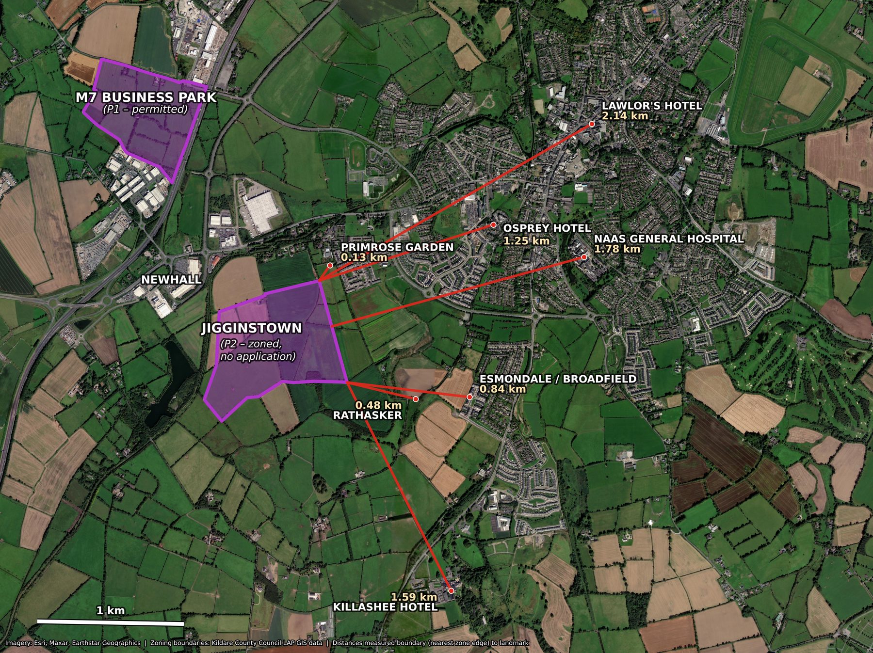 Satellite image showing the P1 (M7 Business Park) and P2 (Jigginstown) data centre zonings outlined in purple, with distances marked to Primrose Garden, Rathasker, Esmondale/Broadfield, Osprey Hotel, Killashee Hotel, Naas General Hospital and Lawlor's Hotel.